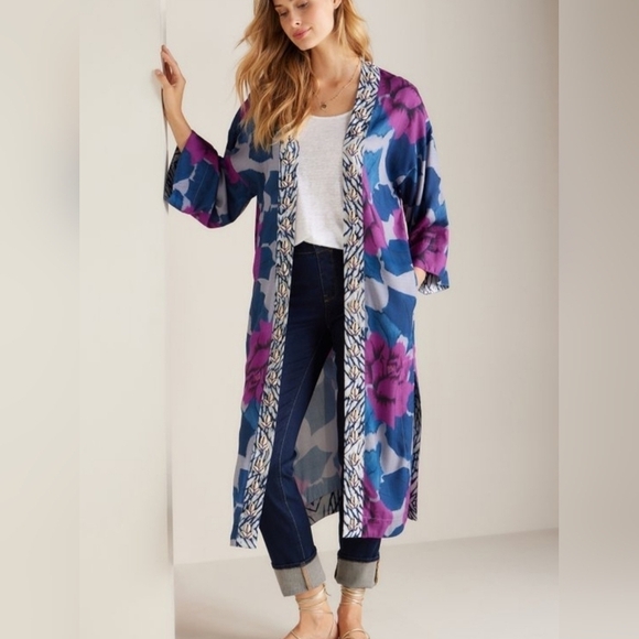 NWT SOFT SURROUNDINGS S/M Colorful Embellished Seashells Kimono Coverup Floral - Picture 1 of 13